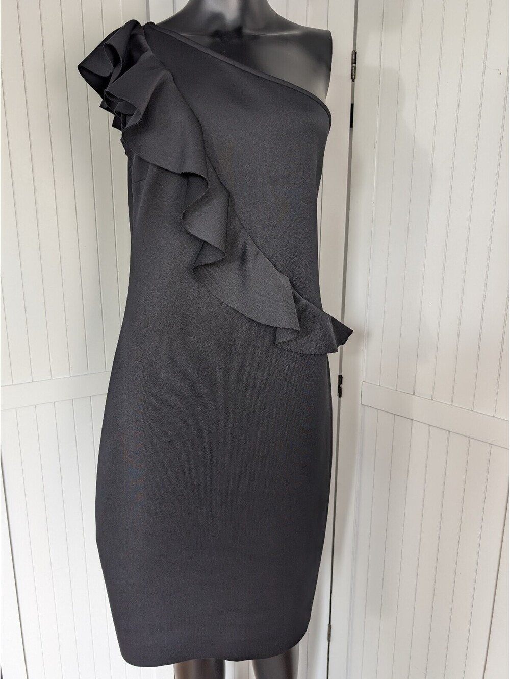 Antonio Melani M Black One Shoulder Ruffle Sheath Cocktail Dress Stretch